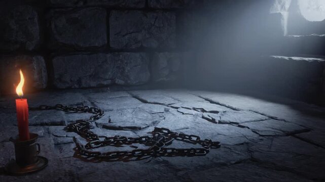 Candle illuminating a dark, stone-walled dungeon with chains on the floor and a window letting in light