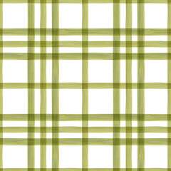Hand painted illustration watercolor Olive green stripes tartan transparent background. Plaid material. Checkered seamless pattern. Fabric, sketchbook, wallpaper, wrapping paper, bags, cards, banner