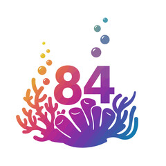 Fototapeta premium Vibrant coral reef illustration with number eighty-four, bubbles, and gradient colors.