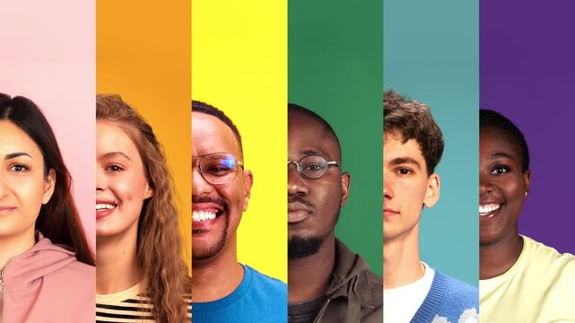 Video banner. Horizontal layout of smiling and serious people on solid backgrounds in color-coded segments. Concept of youth branding, educational sites, onboarding visuals, diversity awareness ads.