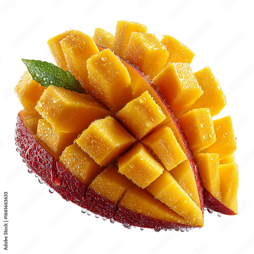 Poster a close up of a ripe mango cut into squares with a leaf on a black background isolated on transparen