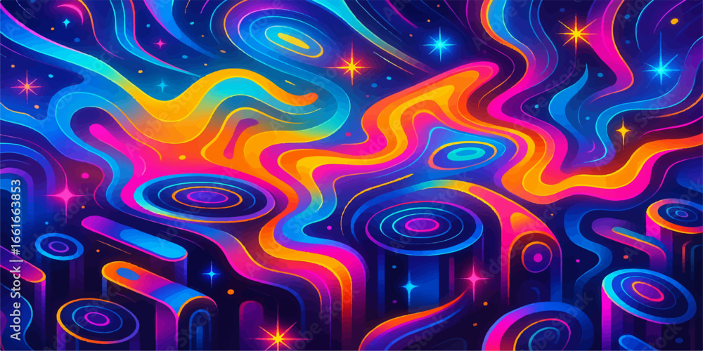 Poster psychedelic rainbow swirls with colorful striped texture and a seamless abstract background