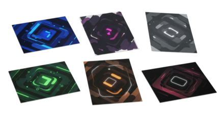 Assortment of futuristic abstract card designs in vivid hues against black