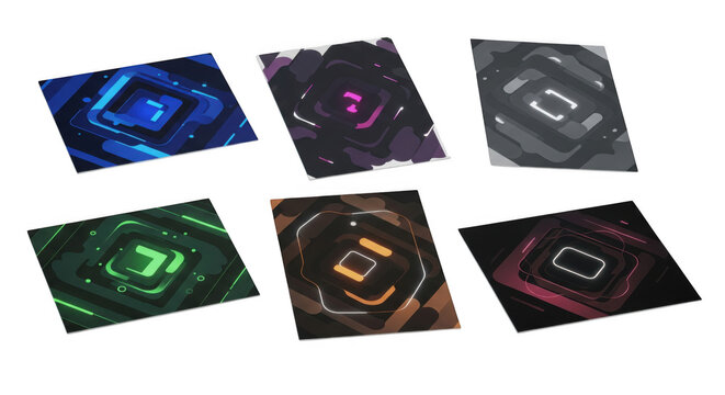 Assortment of futuristic abstract card designs in vivid hues against black