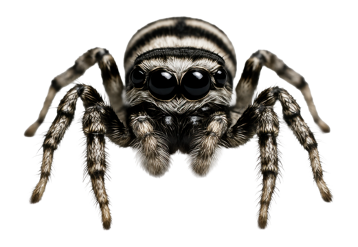 Zebra jumping spider with black and white striped pattern on its compact body