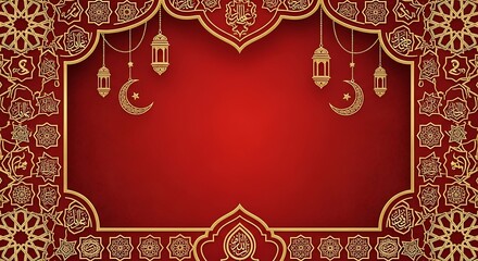 Ornate Red and Gold Islamic Design with Crescent Moon and Lanterns for Ramadan