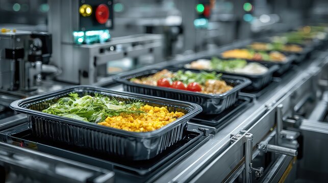 Healthy ready meals moving on a modern industrial conveyor belt, perfect for showcasing food production, meal prep services, and innovative food technology solutions