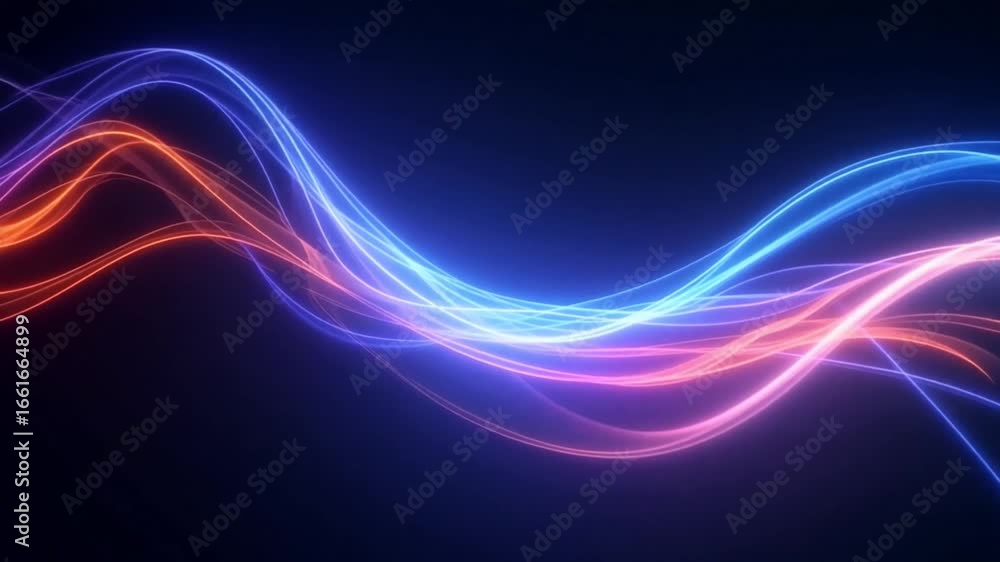 Poster dynamic neon light trails flowing across dark space, futuristic abstract background