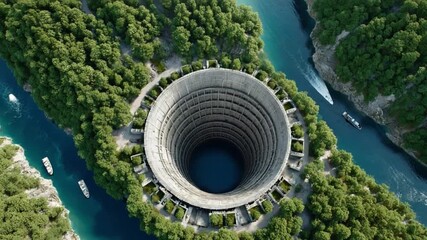 Cooling Tower in Serene Landscape: An aerial vista showcases a massive cooling tower structure, perfectly symmetrical, amidst a stunning natural setting with a river winding through dense forestry.