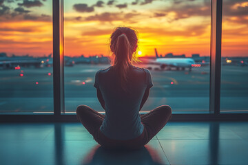 A woman in a yoga position in a quiet airport lounge, waiting for a ride, her back to the camera, blurred airplanes in the background. Sunset light.