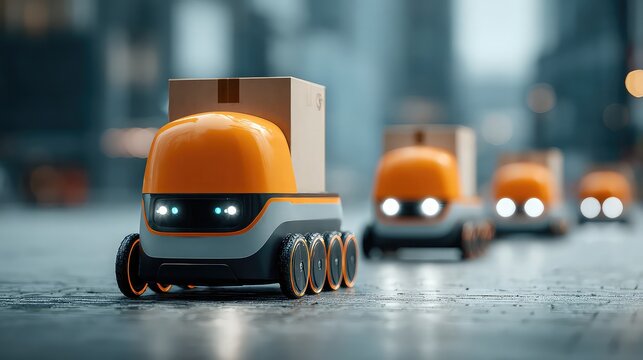 Autonomous delivery robots transporting packages in the city promise efficient and cutting-edge urban logistics solutions, reshaping the future of e-commerce deliveries
