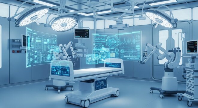 Futuristic Hospital Operating Room with Advanced Medical Equipment and Robotic Surgery Devices