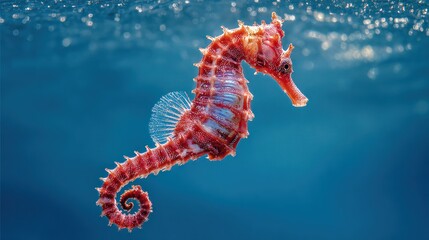 Red seahorse swimming underwater