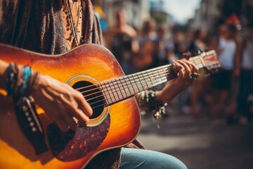 A person playing an acoustic guitar on a street, surrounded by people.