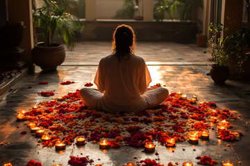 A woman sitting cross-legged in a candlelit meditation room, with flower petals on the floor, warm ambient light, deep sense of inner peace and spirituality.