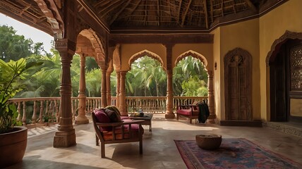 A luxurious and inviting outdoor living space with ornate wooden columns and lush greenery in a tropical setting