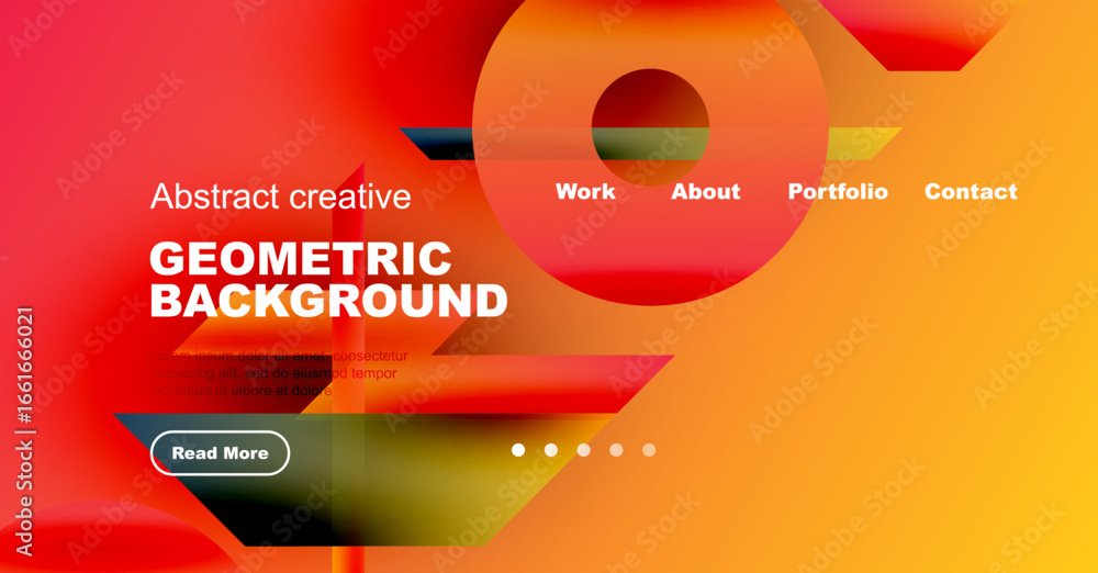 Poster vibrant geometric shapes overlap, creating dynamic red, orange background. website header includes n