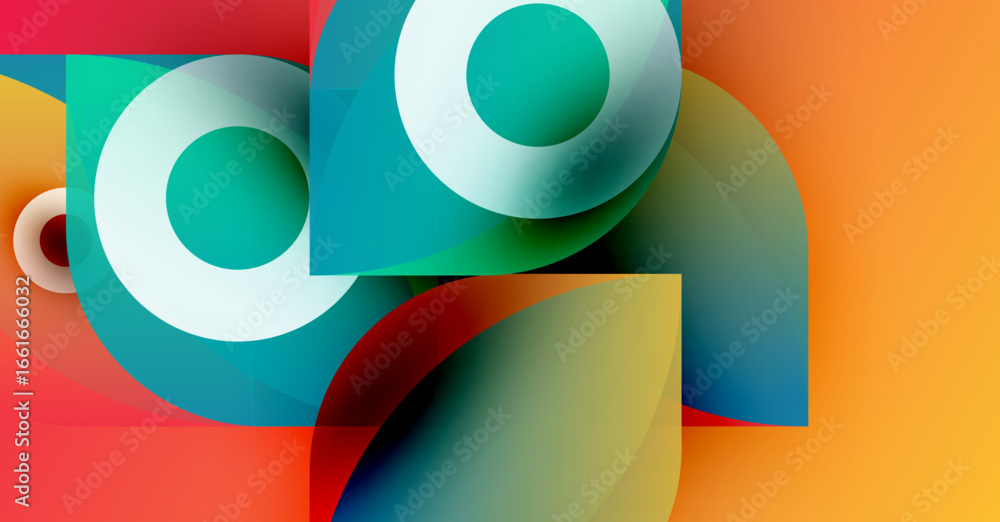 Poster abstract composition featuring overlapping circles, squares, vibrant colors. gradient background cre