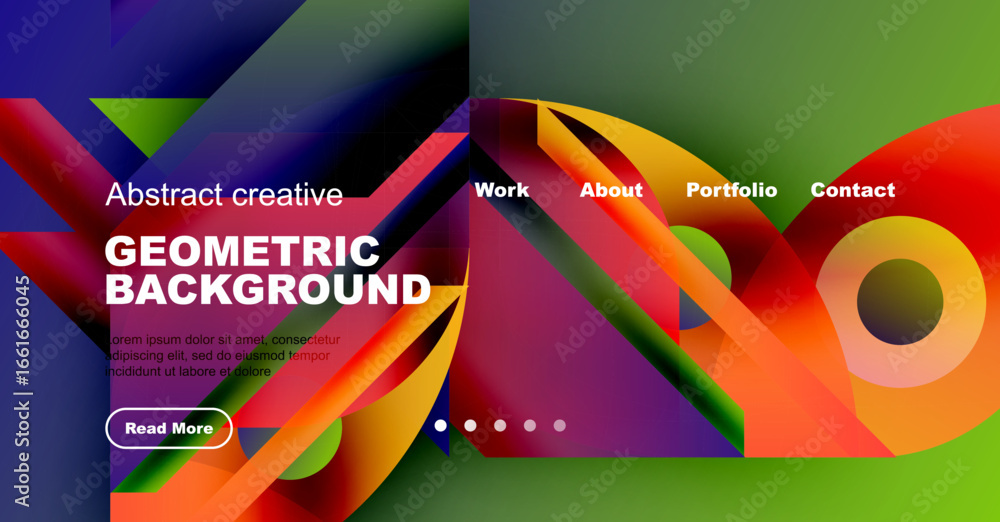Poster vibrant geometric design. colorful shapes overlap, creating dynamic visual effect. website header in