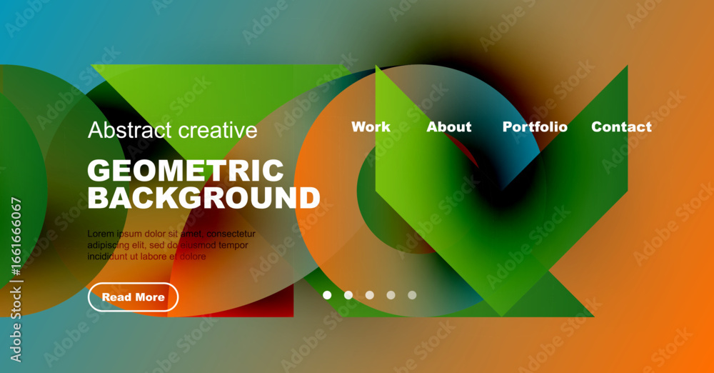Poster modern website design features vibrant geometric shapes, text overlay, navigation menu. colorful gra