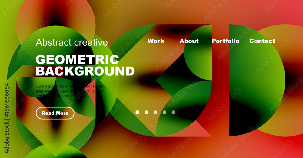 Poster abstract geometric design. vibrant colors blend, creating modern website header. text overlays shape