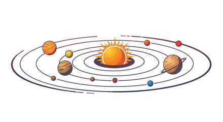 Simplified solar system illustration showing planets orbiting the sun.