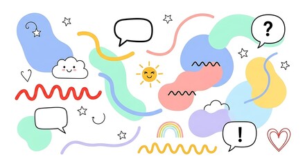 Fototapeta premium Playful Abstract Shapes with Speech Bubbles, Rainbow, Sun, and Stars on White Background
