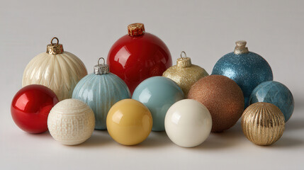 decorate for new year  with array of new ultrabright christmas ornaments displayed on clean uniform background