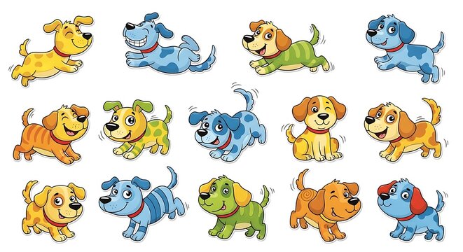 Playful Cartoon Dogs in Various Colors and Poses, Smiling and Happy