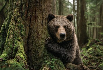 Obraz premium Close-up of a large brown bear resting against a tree in a lush forest setting