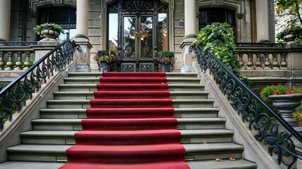 A majestic building features a grand staircase adorned with a red carpet, inviting guests amidst beautiful greenery and flowers