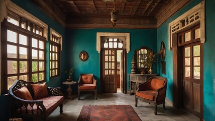 Interior of a vintage indian home with antique furniture, wooden doors, and traditional decor in rajasthan, india