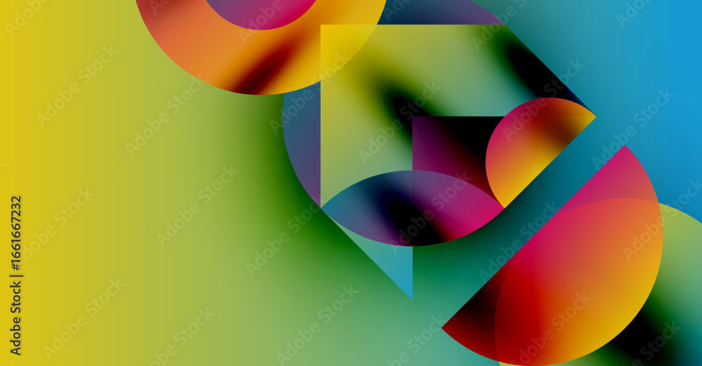 Poster abstract composition featuring overlapping colorful shapes. vivid gradients create dynamic visual in
