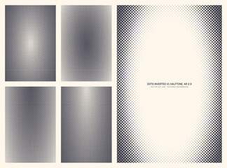 Assorted vector retro styled inverted dots halftone pattern set in vertical 2:3 aspect ratio including oval frame and various smooth textures. Varied offset print half tone design elements bundle