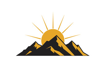 A stylized mountain range silhouette with a rising sun radiating golden light, simple design.