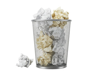 Crumpled paper in metal wire trash can on transparent background