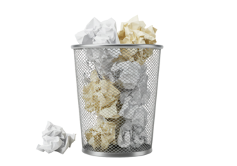 Crumpled paper in metal wire trash can on transparent background