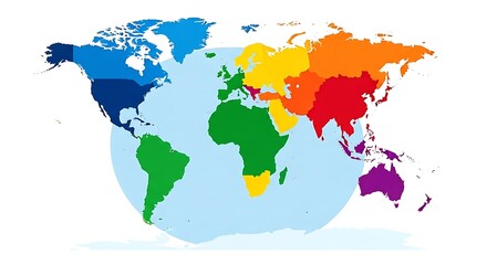 Obraz premium Rainbow Colored World Map with Continents in Blue, Green, Yellow, Orange, Red, and Purple on a White Background