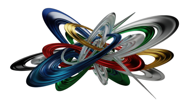 Entangled metallic rings in a vibrant spectrum against stark contrasting backdrop