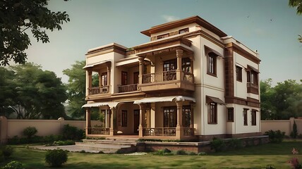 An elegant twostory house with balconies, a wellmanicured lawn, and a clear blue sky in a peaceful neighborhood