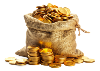a bag of golden coins isolated on white background PNG , AI GENERATED