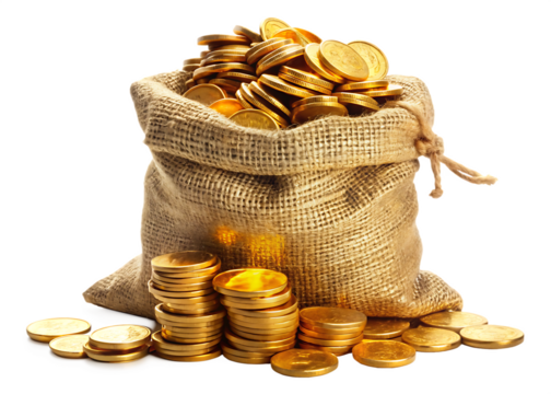 a bag of golden coins isolated on white background PNG , AI GENERATED