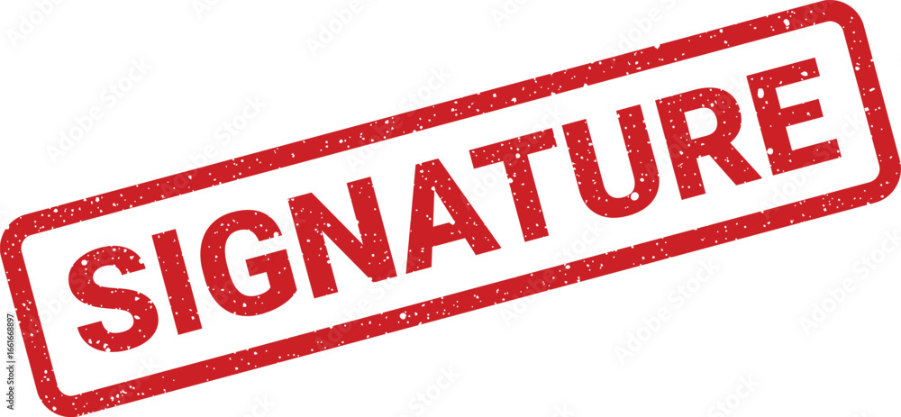 Poster red signature stamp with grunge texture and rounded rectangular frame for documents