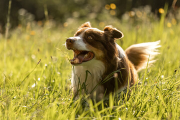 Red bi Australian Shepherd running in summer meadow