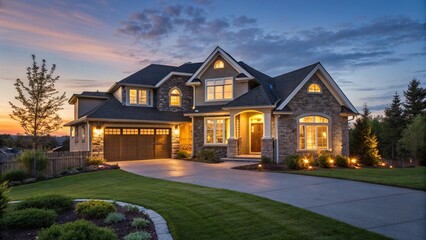 beautiful two-story suburban home at golden hour. The exterior lights are just turning on, creating a warm and inviting glow in the windows. The sky has deep blue and orange tones. The perfectly manic