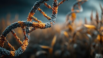 Stunning DNA structure with vibrant orange hues swirling against muted greens, perfect for cutting-edge biotech research or innovative science presentations today