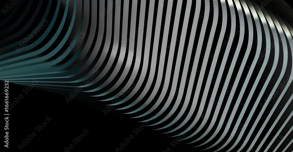 Poster an abstract and curved surface made of metallic stripes. it's a minimalist and modern design with a 