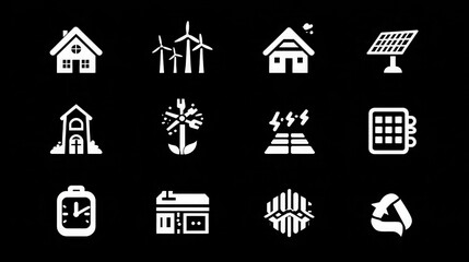 Sustainable living icons for eco-friendly homes and green energy initiatives, a modern collection promoting environmental awareness and conscious lifestyle choices