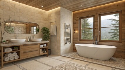 serene, luxurious bathroom that feels like a spa. Features a free-standing bathtub next to a window, a modern vanity with dual sinks, and simple decor. Natural stone tiles, wooden accents, and a neatl