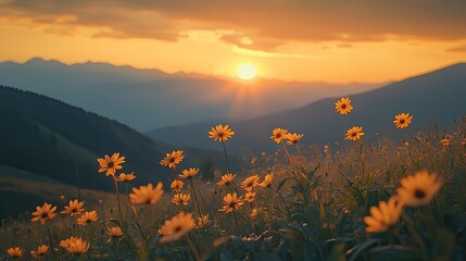 The sun sets over Ukraine's Carpathian Mountains, casting warm hues over a valley covered in bright yellow arnica flowers, peaceful view